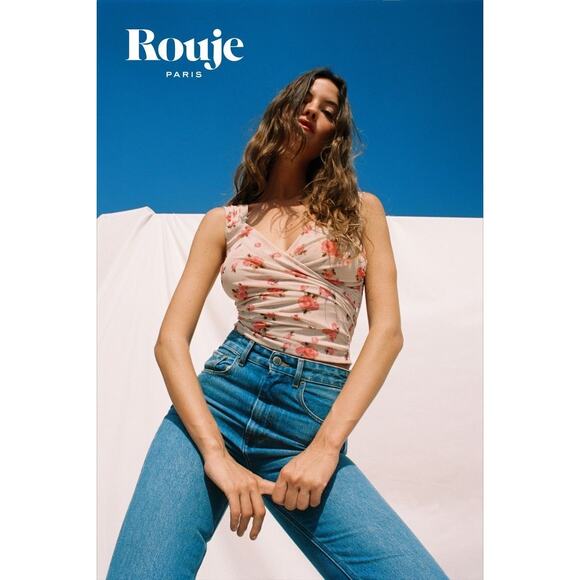 Rouje Paris| Iva Top Floral Mesh Surplice Faux Wrap Bodycon Romantic Blouse 40 8 - Picture 2 of 16